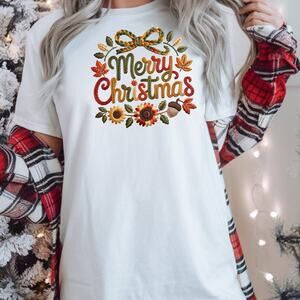 Merry Christmas Shirt Faux YarnWreath Bow Fall Top Unisex
